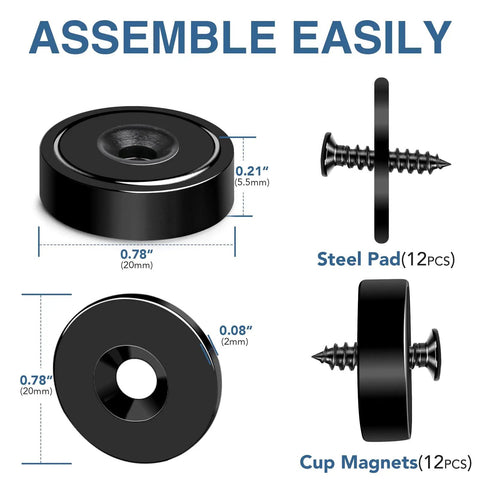 Powerful 40 Lb Neodymium Round Cup Magnets With Countersunk Holes For Wall Mounting Includes Screws, 12 Pack overview