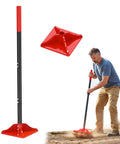 8 By 8 Inch Steel Tamper Tool With 48 Inch Handle, Heavy Duty Back Saver Hand Compactor in use on soil, ergonomic ground leveler