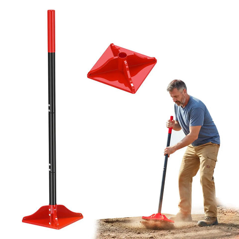 8 By 8 Inch Steel Tamper Tool With 48 Inch Handle, Heavy Duty Back Saver Hand Compactor in use on soil, ergonomic ground leveler
