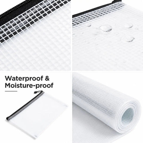 Colorful Four Pack A4 Mesh Zipper Bags With Water Resistant Zippers Durable Plastic Storage Pouches close-up and waterproof feature