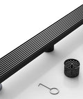 28 Inch Linear Shower Drain With Removable Wedge Wire Grate Matte Black 304 Stainless Steel Rectangle Shower Floor Drain For Bathroom CUPC Certified With Hair Strainer For Fast Easy Drainage image showing matte black linear drain and accessories.