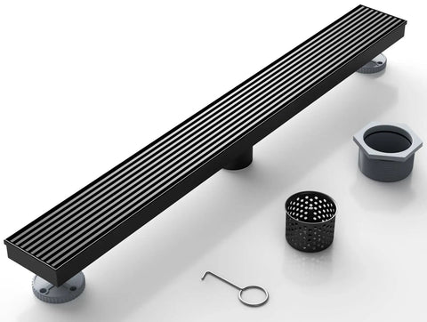 28 Inch Linear Shower Drain With Removable Wedge Wire Grate Matte Black 304 Stainless Steel Rectangle Shower Floor Drain For Bathroom CUPC Certified With Hair Strainer For Fast Easy Drainage image showing matte black linear drain and accessories.