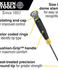 Tiny 8 Piece Mini Precision Screwdriver Set For Electronics And Terminal Blocks With Cushion Grip Handles Includes Phillips 00 And 0 Slotted 3 32 Inch 1 8 Inch Tamperproof TORX T6H T8H T10H T15H Klein Tools; features size ID dome stamp, rotating end cap, color coded rings, Cushion-Grip handle, and heat-treated precision ground tip.