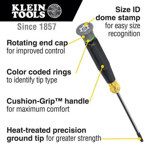Tiny 8 Piece Mini Precision Screwdriver Set For Electronics And Terminal Blocks With Cushion Grip Handles Includes Phillips 00 And 0 Slotted 3 32 Inch 1 8 Inch Tamperproof TORX T6H T8H T10H T15H Klein Tools; features size ID dome stamp, rotating end cap, color coded rings, Cushion-Grip handle, and heat-treated precision ground tip.