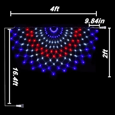 Patriotic Outdoor Net Lights All American 4x2 Ft Half Fan Flag Design With 450 Waterproof LED Red White Blue, 8 Modes
