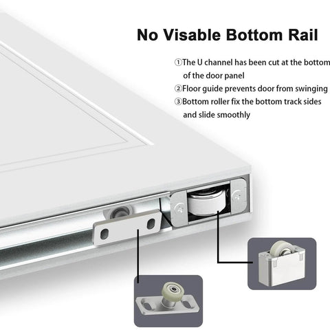 Concealed Barn Door Kit 36x84 with Soft Close Hardware and Matte Black Pulls, close-up of bottom rail mechanism detail.