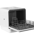 Portable Countertop Dishwasher High Temp Wash And Air Dry Dual Spray Arm, open with rack, modern design for small spaces.