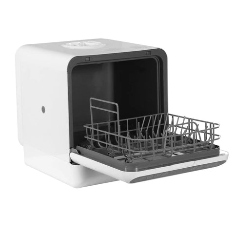Standalone Countertop Dishwasher With Six Liter Internal Tank And Truly Zero Hookup Hassles, featuring open door and rack.