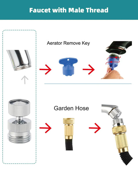 Faucet with male thread using Swivel Faucet Adapter Kit, Solid Brass 3/4 Inch Garden Hose Adapter With Aerator, 360 Degree Kitchen Sink Faucet Aerator Adapter For Female And Male To Male, Chrome