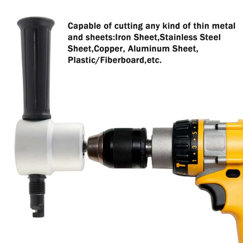 Double Head Metal Sheet Nibbler Cutter for Drill Attachments connected to drill, 7.4mm cutting diameter, 27mm shank, wrench included