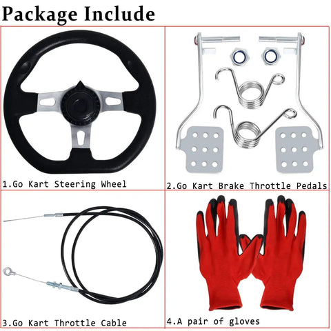 Brake And Throttle Pedal Kit With 71 Inch Cable And 270mm Steering Wheel For Go Karts And Drift Trikes package contents