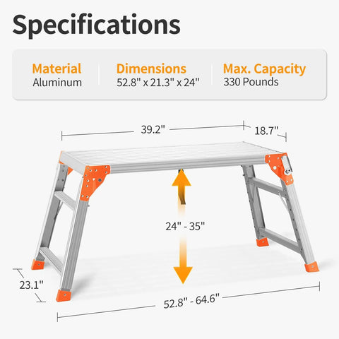 All In One Grab And Go Adjustable Work Platform And Folding Ladder Aluminum Construction 330 Lb Capacity 24 To 35 Inch Reach Heavy Duty Portable Work Bench Stool With Non Slip Feet specifications diagram