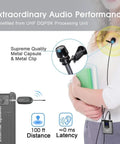 Wireless Lavalier Mic System With Dual UHF Lapel Mics for Pro Grade Audio on iPhone, showing mic clipped to a shirt