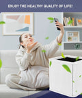 Woman enjoying fresh air with Blue Pure 211 Plus Replacement Filter Pack for Blueair Air Purifiers in living room.