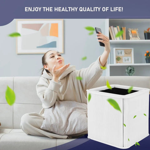 Woman enjoying fresh air with Blue Pure 211 Plus Replacement Filter Pack for Blueair Air Purifiers in living room.