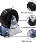 Heavy Duty 4 Piece 2 Inch Rubber Caster Wheels With Rigid Fixed Non Swivel Top Plate For Furniture, shown with reinforcement and thick top plate.
