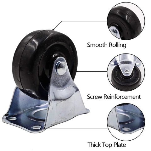 Heavy Duty 4 Piece 2 Inch Rubber Caster Wheels With Rigid Fixed Non Swivel Top Plate For Furniture, shown with reinforcement and thick top plate.
