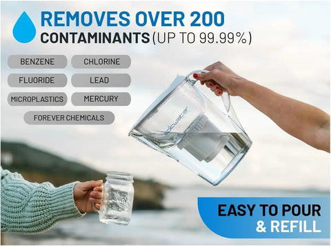 Pure Replacement Filter For Water Pitcher That Removes Fluoride Lead Forever Chemicals Heavy Metals And Industrial Pollutants Delivers Clean Great Tasting Water 100 Gallon Capacity Easy Swap, pitcher pouring into jar