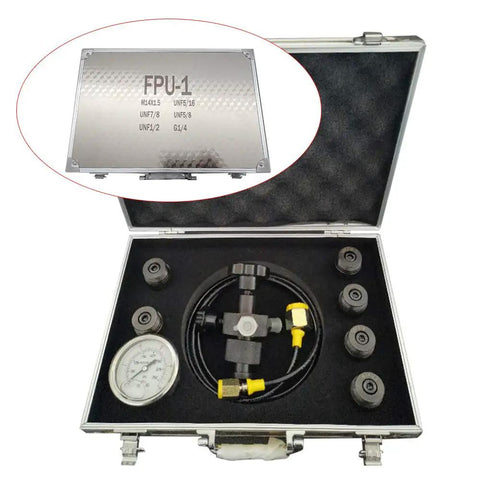 All In One Pro Grade Hydraulic Ni-tro-gen Accumulator Charge Kit With Fill Kit And Pressure Test System in open case with tools visible