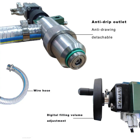 No Fuss Heavy Duty Semi Automatic Liquid And Paste Bottle Filler With Precision Air Cylinder showing digital fill adjustment and anti-drip outlet.