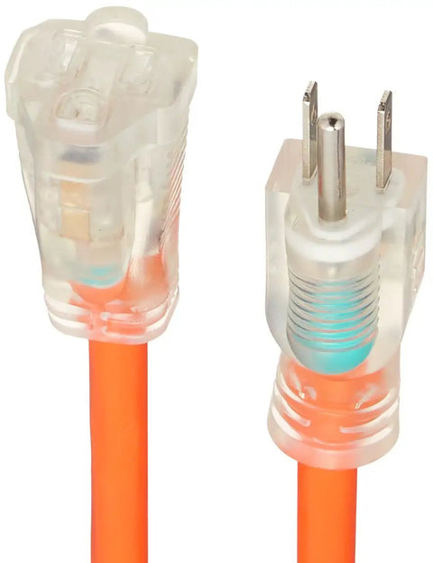 Close-up of clear molded plugs on Beefy Heavy-Duty Lighted Extension Cord Two Pack For Indoor And Outdoor Use 100 Foot 12 Gauge