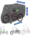 Heavy Duty Outdoor Trike Cover For Adult Three Wheel Bikes 75L 30W 44H 420D Tough As Nails Weatherproof UV Shield Built For All Weather Rugged Protection Fits Mountain Road Cruiser And Some E Bikes All Season gray trike cover on adult three-wheel bike, 76x190cm