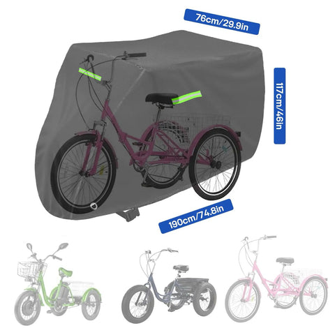 Heavy Duty Outdoor Trike Cover For Adult Three Wheel Bikes 75L 30W 44H 420D Tough As Nails Weatherproof UV Shield Built For All Weather Rugged Protection Fits Mountain Road Cruiser And Some E Bikes All Season gray trike cover on adult three-wheel bike, 76x190cm