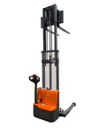 Heavy Duty Full Electric Walkie Pallet Stacker With Straddle Legs, orange and gray design, 2640 lbs capacity, used for lifting cargo.