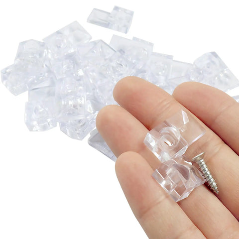 Clear Mirror Holder Clips Kit 25 Heavy Duty Acrylic Fasteners in hand showing size and detail for wall mounting robust use.