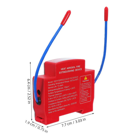 Automatic Aerosol Fire Extinguisher For Car Truck Van And RV With Self Activating Heat Trigger, compact red device with blue wires.