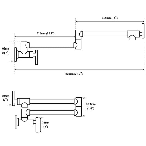 Technical drawing for Pot Filler Faucet Wall Mounted Stainless Steel Kitchen Must Have Dual Stretchable Arm Folding Swing