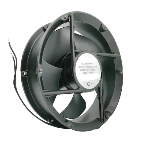 Beefy Heavy-Duty Industrial Cabinet Axial Cooling Fan 220 x 220 x 60mm 18cm, 220V AC, 0.43A, 65W, High Flow Exhaust Ventilation Fan For Enclosures And Electronics Cabinets. Black axial fan with wires for cabinet ventilation.