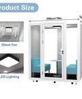 Mobile Soundproof Office Booth With Smooth Roll Wheels and Chill Quiet Nook For Two To Four Folks featuring LED lights and silent fan.