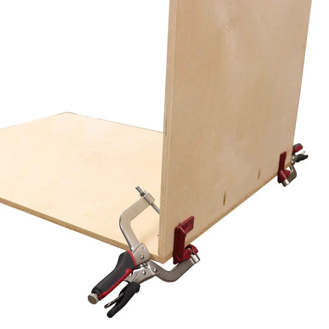 90 Degree Corner Clamp With Swivel Head attached to plywood for cabinet making and precise positioning of right angle joints.