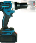 No Strings Attached Cordless Rivet Gun Set With 5.2 Ah Rechargeable Battery And Quick Charger, side view of electric rivet nut tool.
