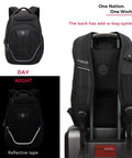 TSA Approved Laptop Backpack With USB Charging Port, RFID Safe Pockets, shown with suitcase attachment and reflective night mode.