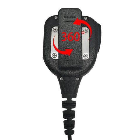 Back view of Ham Radio Speaker Microphone 3.5mm Threaded Ptt Shoulder Mic For Yaesu Vertex Dmr Standard Horizon Walkie Talkies Black IP65 Waterproof Handy Accessory showing 360 rotation
