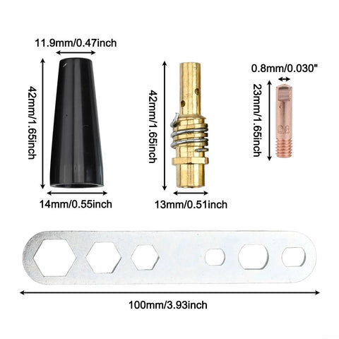 MIG Torch Consumable Kit For 15AK And MB15 With 0.8mm Copper Contact Tips, gasless nozzles, holders, and wrench dimensions