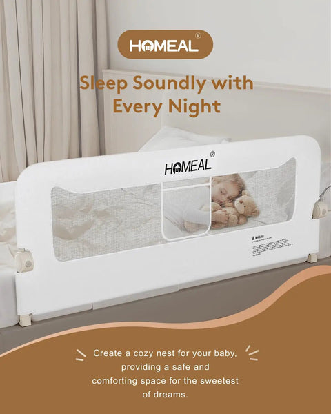 Toddler Bed Rail 59 Inch Extra Long Swing Down Guard with double reinforced stability, white metal safety guard, child sleeping