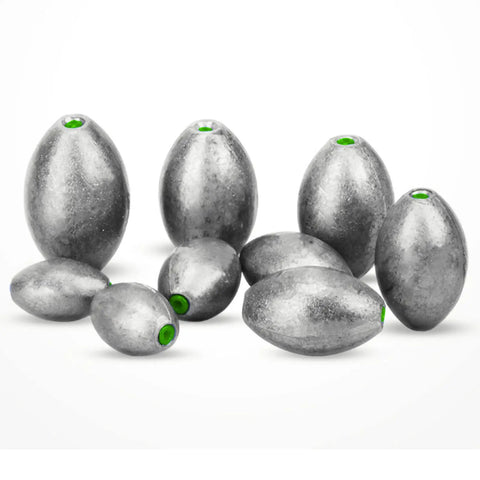 Egg Shaped Lead Fishing Weights Kit 20 Pieces One Tenth Ounce Oval Sinker Tackle For Saltwater And Freshwater Bass Fishing Great For Casting And Dropping Lines, image showing oval lead sinkers.