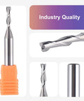 Five Piece One Eighth Inch Diameter Spiral Upcut Router Bit Set With One Quarter Inch Shank Carbide CNC Wood Router Bits For Plunge Slots Dado And Mortise Grooves with close-up view and packaging.