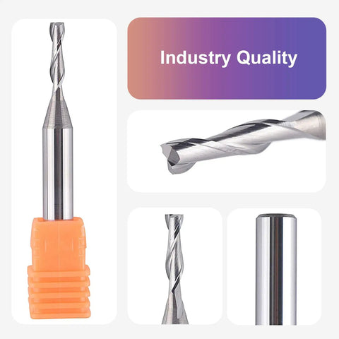Five Piece One Eighth Inch Diameter Spiral Upcut Router Bit Set With One Quarter Inch Shank Carbide CNC Wood Router Bits For Plunge Slots Dado And Mortise Grooves with close-up view and packaging.