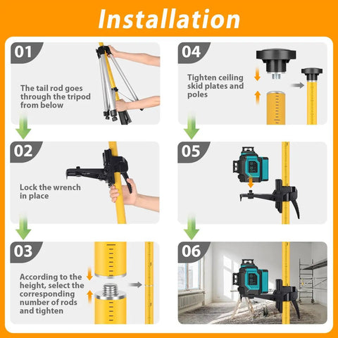 Installation guide for telescoping laser level pole with adjustable tripod, detailing setup process and components