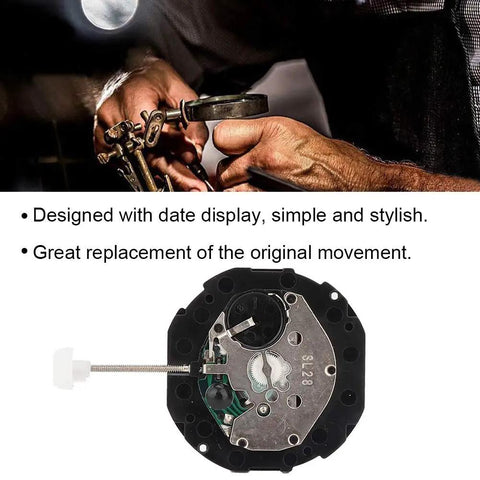 Three Hands Quartz Movement With Date Display Replacement for Watch Repairs mechanism close-up with dual calendar feature.