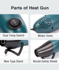 Compact Mini Hot Air Gun For DIY Pros Two Temperature Settings 662F High And 482F Low details including switch, vents, stand, nozzle