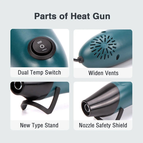 Compact Mini Hot Air Gun For DIY Pros Two Temperature Settings 662F High And 482F Low details including switch, vents, stand, nozzle