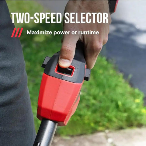 Close-up of the two-speed selector on the 40 Volt Brushless Cordless String Trimmer With 16 Inch Cut Width for versatile performance.
