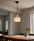 milaruoro Pendant Light with Bamboo and Fabric Shade, Black Hanging Light Fixture for Kitchen Island, Modern Farmhouse Lighting for Dining Room Bedroom Living Room Hallway above wooden table.