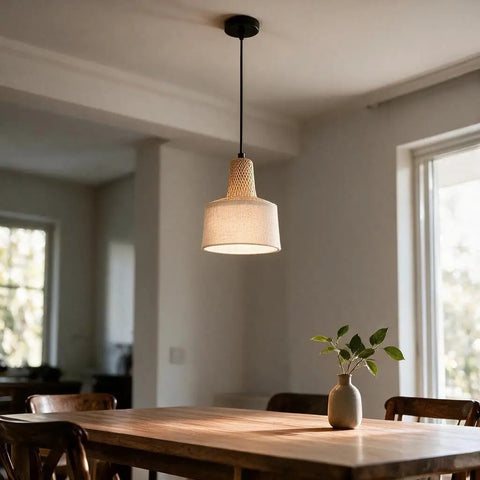 milaruoro Pendant Light with Bamboo and Fabric Shade, Black Hanging Light Fixture for Kitchen Island, Modern Farmhouse Lighting for Dining Room Bedroom Living Room Hallway above wooden table.