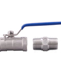 Stainless steel 1/2-inch ball valve with blue lever and separate male threaded nipple (2 pieces)